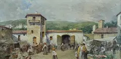 Andrea Marchisio, Market, 1885, Signature lower right. On the reverse: indications of the author