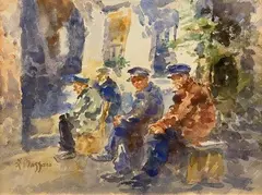 Workers on break by Leonardo Bazzaro, Sign at the bottom to the left., offered Feb 2021