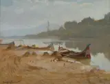 Giuseppe Fraschetti, River landscape with boats, Sign at the bottom to the left. On the reverse: landscape