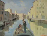 Lando Landozzi, Family on a boat, Signature lower right.