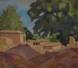 Nikolaj Karahan, Case fra gli alberi, Sul verso: timbro e numerazione. Provenienza: Museo Statale dell'Arte di Nukus. Bibliografia: