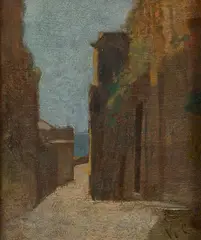 Case a Nettuno by Vincenzo Cabianca, Siglato in basso a destra: " V.C.". Sul verso: cartiglio manoscritto con timbro dell'autore, offered Dec 2020