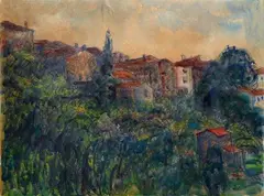 Landscape with cottages by Umberto Vittorini, 1961, Signature and date lower right. On the reverse: label and stamp Galleria d'Arte Macchi, offered Nov 2020