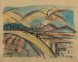 Leonardo Dudreville, Paesaggio futurista, Sigla e data in basso a destra. Sul verso: timbro Collezione Romano Lorenzin