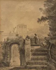 Louis-Nicolas Cabat, Landscape with ruins and figure, Pencil on paper
