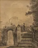 Louis-Nicolas Cabat, Landscape with ruins and figure, Pencil on paper