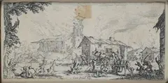 Saccheggio ed incendio di un villaggio by Jaques Callot, Dalla serie: "Le piccole miserie della guerra " Sul verso: etichetta Bottega delle Stampe, offered Apr 2020