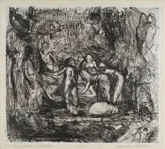 Luigi Bartolini, Sei ragazze alla fontana, a pencil: firma in basso a destra; titolo in basso a sinistra; tiratura in basso al centro. Altri titoli: Sei