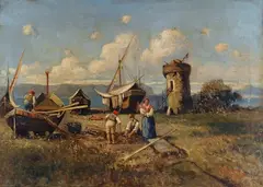 Giuseppe Laezza, Paesaggio con pescatori e barche