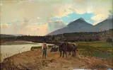 Edoardo Monteforte, Paesaggio fluviale con contadino e bovini, cm.