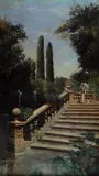 Filippo Carcano, Scorcio di giardino con scalinata e dama, cm.152x87