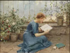 Reading by Giovanni Panza, oil on plywood, offered Mar 2022
