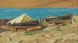 Boats On The Beach by Angiolo Tommasi, oil on panel, offered Mar 2022