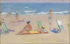On The Beach by Moses Levy, oil on hardboard, offered Mar 2022