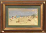 Gaetano Sperati, Riccione. Giochi Sulla Spiaggia, oil on cardboard
