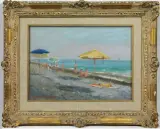 Gaetano Sperati, Spiaggia Con Bagnanti, oil on card