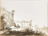 Giovanni Battista Busiri, Paesaggio Con Antiche Mura, pencil nera