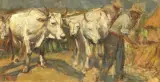 Buoi E Contadini by Cesare Ciani, oil on cardboard, offered Apr 2021
