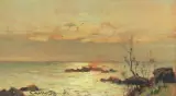 Tramonto In Marina by Gino Romiti, oil on compensato, offered Apr 2021