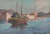 Marina Con Barcone by Carlo Domenici, oil on card pressato, offered Mar 2021