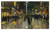 Lesser Ury, Nächtliche Straßenszene (Leipziger Straße?, Berlin)“. 1920er Jahre, Öl auf Pappe