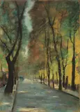 Lesser Ury, Herbstliche Straße im Tiergarten (Königin-Augusta-Straße am Landwehrkanal?)“. 1920er Jahre, Pastell auf Pappe
