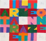 Alighiero Boetti, Attirare l´attenzione, 1987, Stickerei und Filzstift auf Nessel, auf Holz aufgespannt