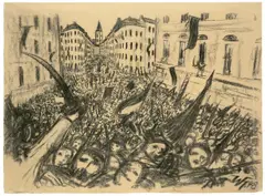 Werner Heldt, Aufruhr 1848, 1948, Kohle auf gelblichem, leicht genarbtem Papier