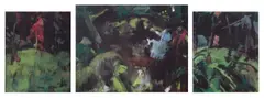 Bernd Koberling, Unter den Bäumen, 1977, Triptychon: Kunstharz und Öl auf Jute