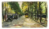 Lesser Ury, Berliner Straße im Sonnenschein“. 1920er Jahre, Öl auf Leinwand, auf Pappe und dann auf Holz aufgezogen