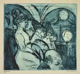 Ernst Ludwig Kirchner, Damenkapelle, 1908, Radierung und Pinselätzung in Blaugrün auf festem Bütten