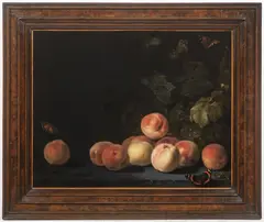 Still Life with Peaches and Butterflies by Abraham van Calraet, Around 1700, oil on wood, sold Jun 2025