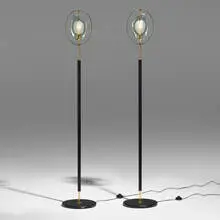 Floor lamps, pair by Max Ingrand, c. 2000, brass, enameled aluminum, sand-blasted, cut and polished glass, sold Nov 2022