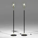 Max Ingrand, Floor lamps, pair, c. 2000, brass, enameled aluminum, sand-blasted, cut and polished glass