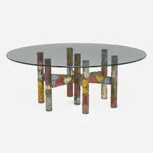 Coffee table, model PE 16 by Paul Evans, c. 1965, torch-cut, welded, polychromed and patinated steel, glass, sold Nov 2022
