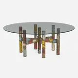 Coffee table, model PE 16 by Paul Evans, c. 1965, torch-cut, welded, polychromed and patinated steel, glass, sold Nov 2022