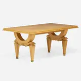 attribution André Arbus, Dining table, curly maple, mahogany inlay, brass