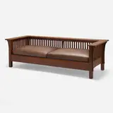 L. & J.G. Stickley, Spindle Prairie settle, model 234, c. 1912, oak, leather
