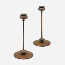 Robert Jarvie, Beta candlesticks, pair, c. 1903, patinated brass