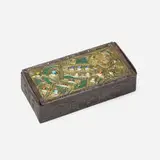 Alfred-Louis-Achille Daguet, Jeweled repoussé box with lion, c. 1905, enameled brass, iron, glass cabochons