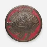 Alfred-Louis-Achille Daguet, Round repoussé box with spiny fish, c. 1900, patinated and enameled iron