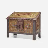 Alfred-Louis-Achille Daguet, Jeweled repoussé box with dragons and ship, c. 1900, patinated and enameled brass, iron, glass cabochons