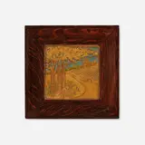Ernest A. Batchelder, Country landscape tile with trees, field and a village, c. 1915, glazed ceramic