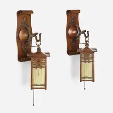 Uncommon lanterns, pair by Gustav Stickley, c. 1905, hammered copper, glass, sold Mar 2023