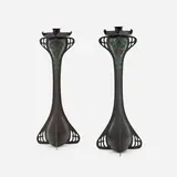 The Art Crafts Shop, Tall riveted candle holders with stylized flowers, pair, c. 1920, enameled copper