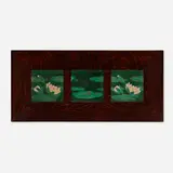 Three-tile frieze with water lilies by Grueby Faience Company, c. 1905, glazed earthenware decorated in cuenca, sold Mar 2023
