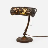 Teroca overlay piano lamp by Handel, c. 1920, patinated bronze, leaded slag glass, sold Mar 2023