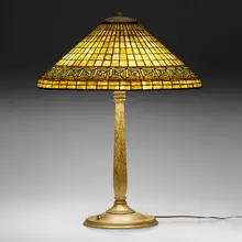 Tiffany Studios, Greek Key table lamp, c. 1910, leaded glass, patinated bronze