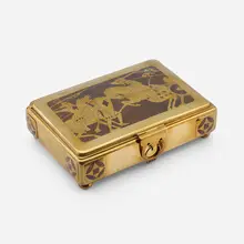 Jugendstil inlaid playing card box with card soldiers by Erhard & Söhne, c. 1910, brass, palisander, sold Mar 2023