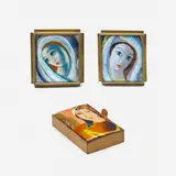 Maria Schwamberger-Riemer, Collection of three articles, c. 1940, enameled copper, brass, mahogany